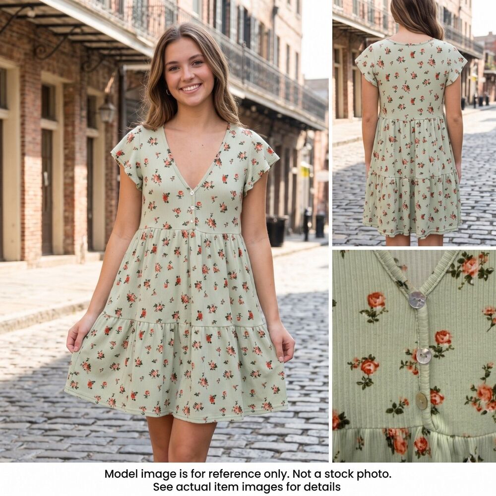 See You Monday Sage Floral Ribbed Tiered Babydoll Dress M